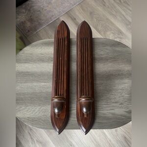 Set Of 2 Vintage Wooden Tapered Grooved Candle Holders